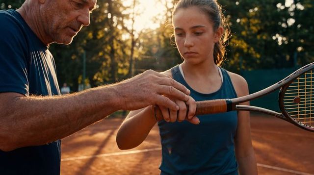 Tennis coach teaching teenage girl racket grip on clay court during golden hour