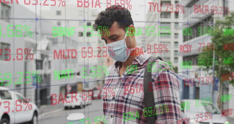 Man in City Scene Viewing Virtual Stock Market Data