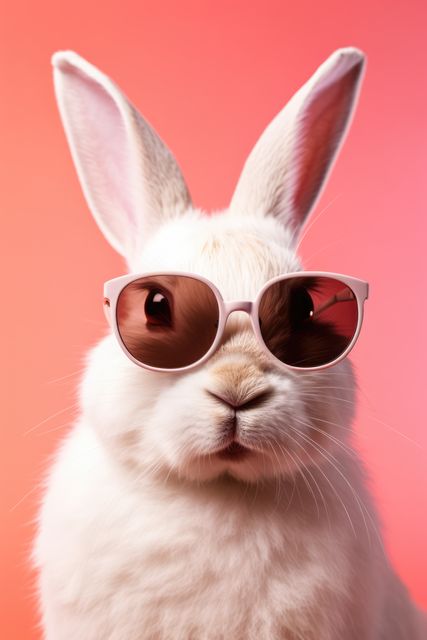Rabbit wearing sunglasses on red background, created using generative ai technology. Rabbit, animal, summer and vacation concept digitally generated image.