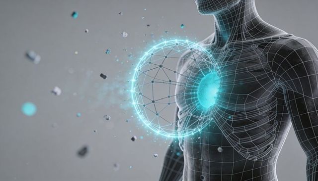 Futuristic wireframe torso projecting glowing chest core and holographic network sphere