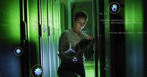 IT Technician Monitoring Servers with Overlay Tech Icons in Data Center