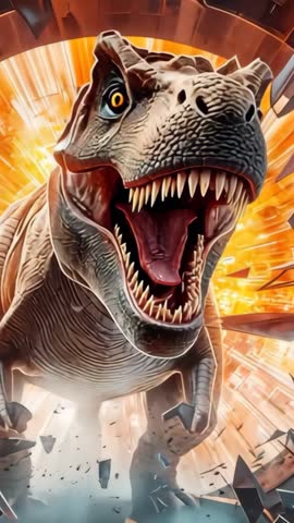 Vertical T. Rex bursting through metal cell doors, explosive sci-fi dinosaur breakout