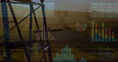 Financial Data Overlaid on Construction Landscape at Dusk