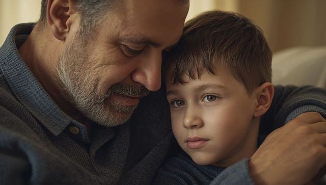 Middle-aged father embracing young son in tender moment, cozy home family bond and warmth