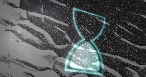 Glowing Cyan Hourglass Hovering Over Monochrome Layered Ridges with Falling Particles