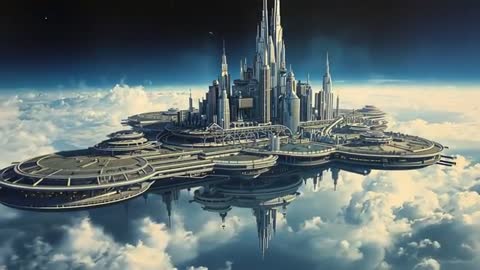 Slow Zoom Approaching Floating Futuristic Metropolis Above Clouds Revealing Spires and Platforms