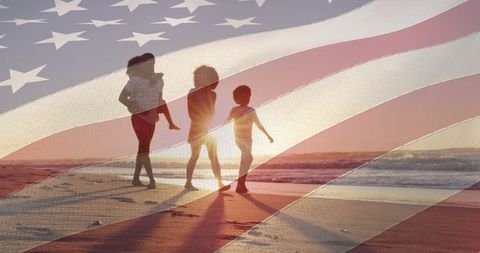 Family Enjoying Beach Sunset with American Flag Overlay