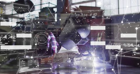 Woman welding with augmented reality hud overlay in industrial fabrication workshop