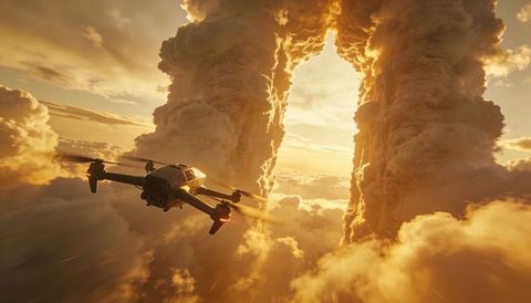 Flying drone navigating glowing cloud arch at golden hour cinematic aerial landscape