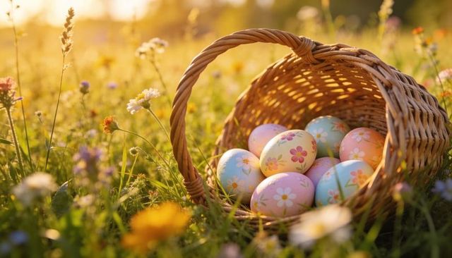 Pastel easter eggs tipping wicker basket in sunlit wildflower meadow at golden hour