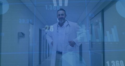 Doctor in Hospital Corridor Analyzing Medical Data Holograms