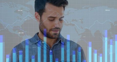 Bearded professional studying global data visualization with blue charts and line graphs