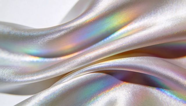 Reflecting pearlescent satin draping with rainbow iridescent sheen and glossy texture