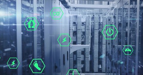 Sustainable Data Center with Ecological and Energy Icons Enhancing Servers - Download Free Stock Images Pikwizard.com