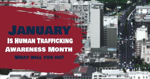 Human trafficking awareness message with cityscape background