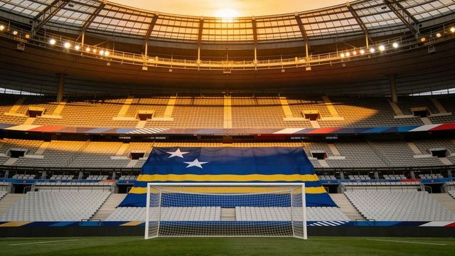 Empty football stadium at golden hour featuring blue flag behind white goal and floodlights