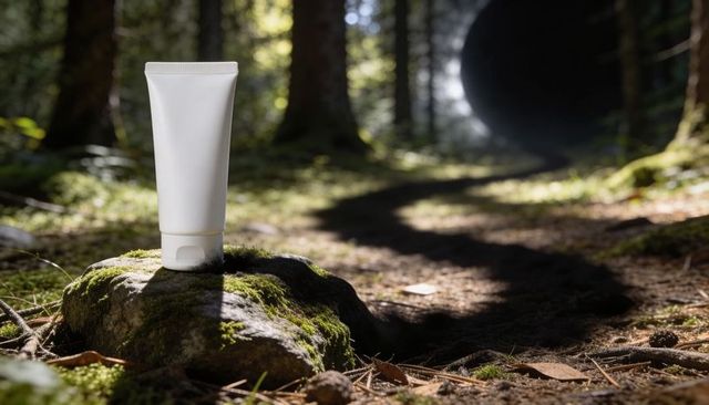 Eco skincare tube standing on moss-covered rock with sunlit woodland trail and soft bokeh
