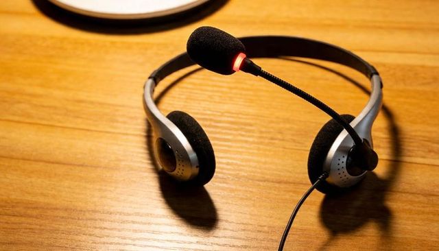 Wired headset with illuminated red microphone led resting on wooden desk for call centers