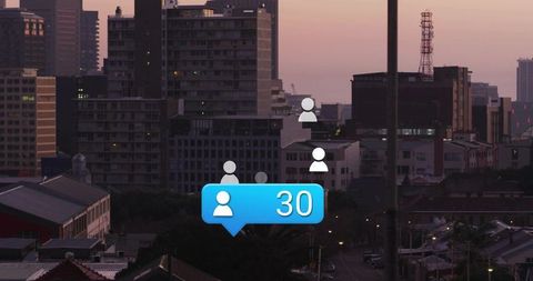 Floating Social Followers Notification Showing 30 Over Urban Skyline at Dusk