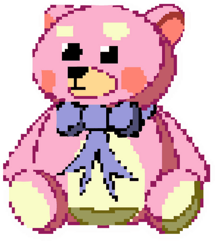 Cute pixel art pink bear with purple bow on transparent background