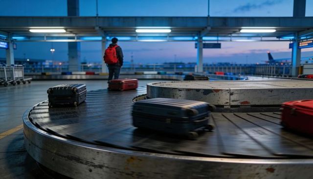 Traveler standing at baggage carousel watching rolling suitcases during blue hour dusk