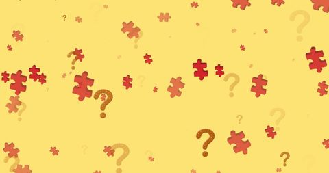 Floating puzzle pieces and question marks on yellow background