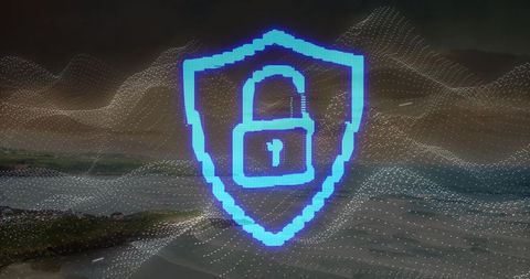 Neon Blue Shield with Padlock on Digitized Landscape for Cybersecurity