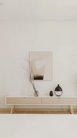 Vertical minimalist bedroom console video with neutral decor, twig vase and black lantern