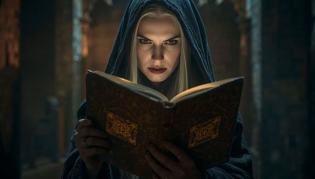 Mystical Woman Engaged with Glowing Ancient Tome in Gothic Ambiance