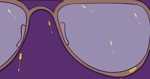 Stylized glasses and mascara icons with purple background
