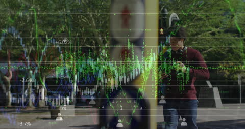 Man Analyzing Financial Data on Smartphone with Overlay Charts