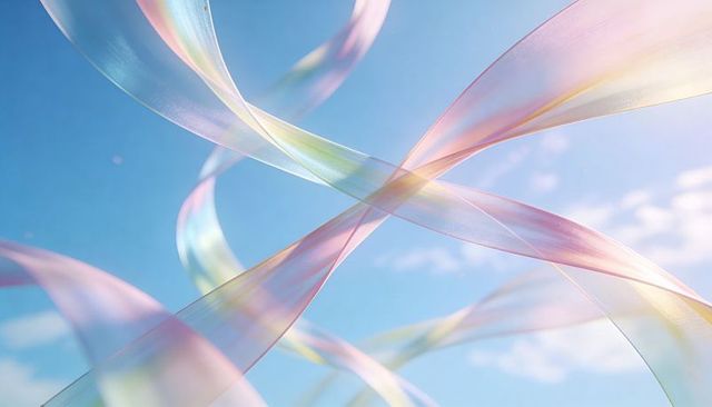 Iridescent pastel ribbons twisting through blue sky with sunlight lens flare - ethereal