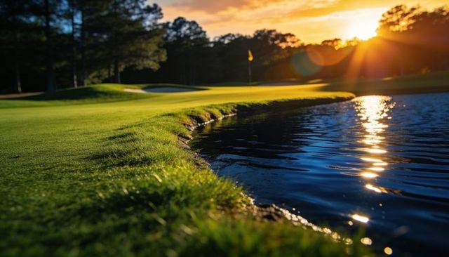 Putting green curving around pond with sunlit water reflections at golden hour