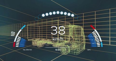 Futuristic HUD Telemetry Showing 3D Wireframe Truck Navigating Neon Grid at 38 km/h