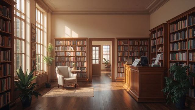 Sunlit Library Interior with Cozy Armchair, Wooden Shelves and Elegant Circulation Desk