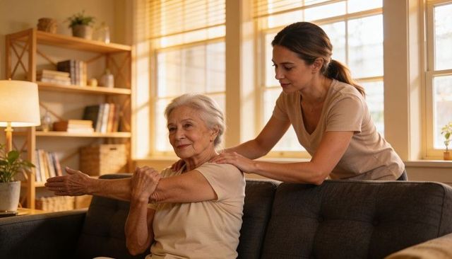 Caregiver helping senior woman stretch shoulder on sunlit home sofa, compassionate care