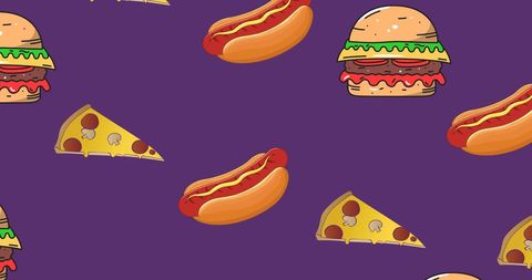 Colorful junk food icons on purple background