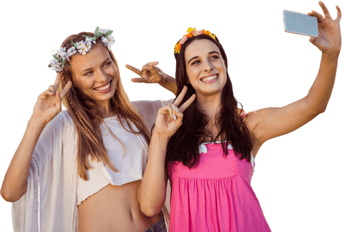 Smiling friends taking a cheerful selfie on transparent background