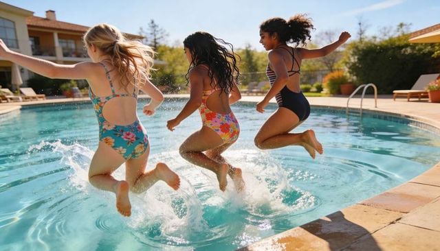 Three girls jumping into backyard pool splashing summer joy in colorful one-piece swimsuits