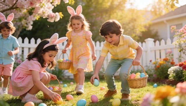 Children collecting easter eggs in sunlit garden wearing bunny ears and pastel outfits