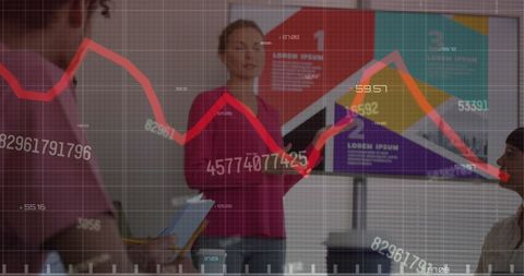 Business presentation with red chart and technology overlay