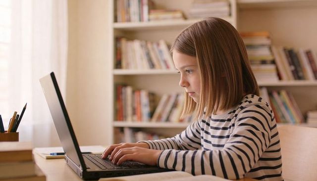 Focused young girl studying on laptop at home desk with bookshelf and natural light