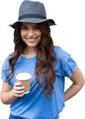 Smiling Woman with Coffee Mug on Transparent Background