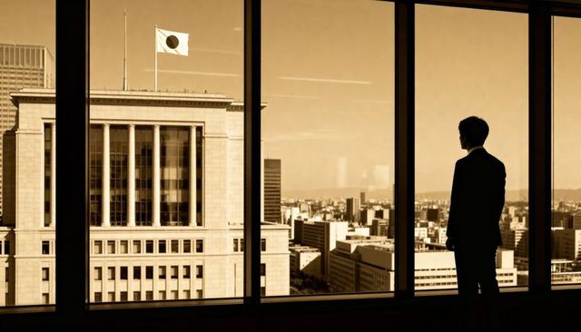 Silhouette executive gazing from high-rise office at government building with japan flag