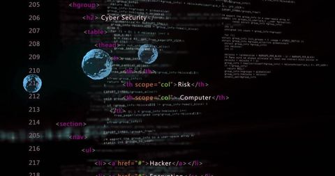 Cybersecurity code overlay showing neon HTML tags and floating blue network spheres