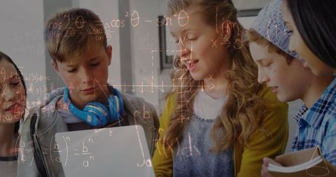 Students Collaborating on Laptop with Math Equations Overlay - Download Free Stock Images Pikwizard.com