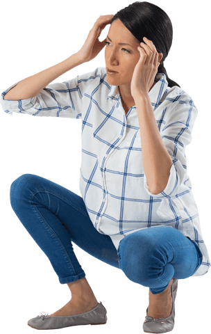Caucasian Woman Touching Head in Crouched Pose on Transparent Background