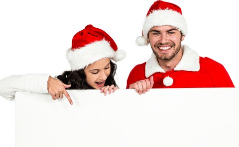 Smiling Couple in Christmas Hats Holding Transparent Placard - Download Free Stock Videos Pikwizard.com