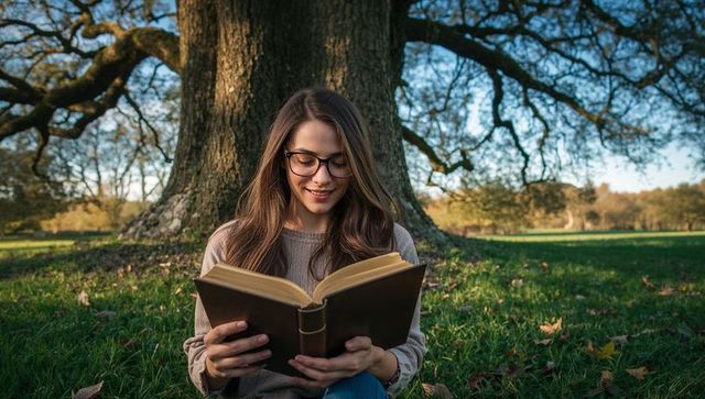 Young woman wearing glasses reading book under oak tree in sunlit meadow, smiling