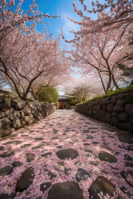 Path with trees with cherry blossoms, created using generative ai technology. Cherry blossom, beauty in nature and spring concept digitally generated image.